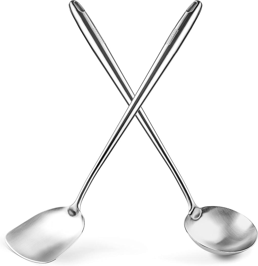 YOSUKATA 17 Wok Spatula and Ladle - Set of 2 Heat-Resistant Wok Tools - Universal Wok Ladle and Spatula - High-Grade 304 Stainless Steel Cooking Utensils and Wok Accessories - Solid Wok Utensils