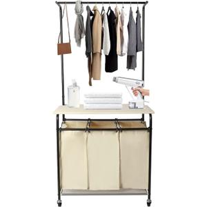 tonchean Laundry Hamper, 3 Section with Ironing Board, Removable Hanging Bar & Bags, Rolling Laundry Cart, 59"H x 29"L x 17"W, Yellow