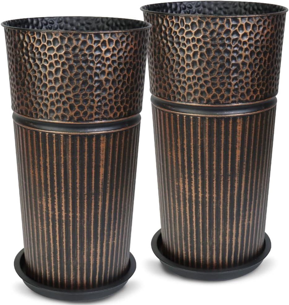 2 Pcs Pack 25 Inches Metal Tall Tapered Planter Pots Large Galvanized Steel Round Planter Flower Pot with Drainage Holes for Indoor Outdoor Deck Porch Garden Home Patio Front Door (antique copper, M)