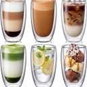 6 Pack 16oz Double Walled Glass Coffee Mugs, 450ml Large Borosilicate Insulated Clear Glass Cups for Latte Cappuccino Espresso Tea Matcha Hot or Cold Drinks