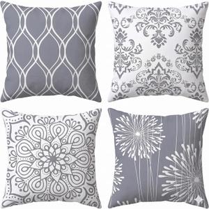 Decorative Throw Pillow Covers 18x18 Set of 4, Grey and White Modern Simple Square Pillow Case Cushion Cover for Sofa Couch Farmhouse Outdoor Living Room (Gray and White, 18" x18")