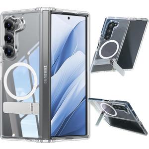 for Galaxy Z Fold 6 Magnetic Case Clear Compatible with MagSafe, Built-in 2-Way Kickstand [Horizontal & Vertical Stand] Magnetic Crystal Clear Slim Fit Rugged Cover (Upgraded Clear)