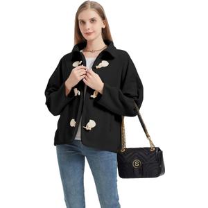 Womens Soft Polar Fleece Jacket Lightweight Long Sleeve Horn Button Warm Shacket Coat Comfortable Outerwear (Black, S)