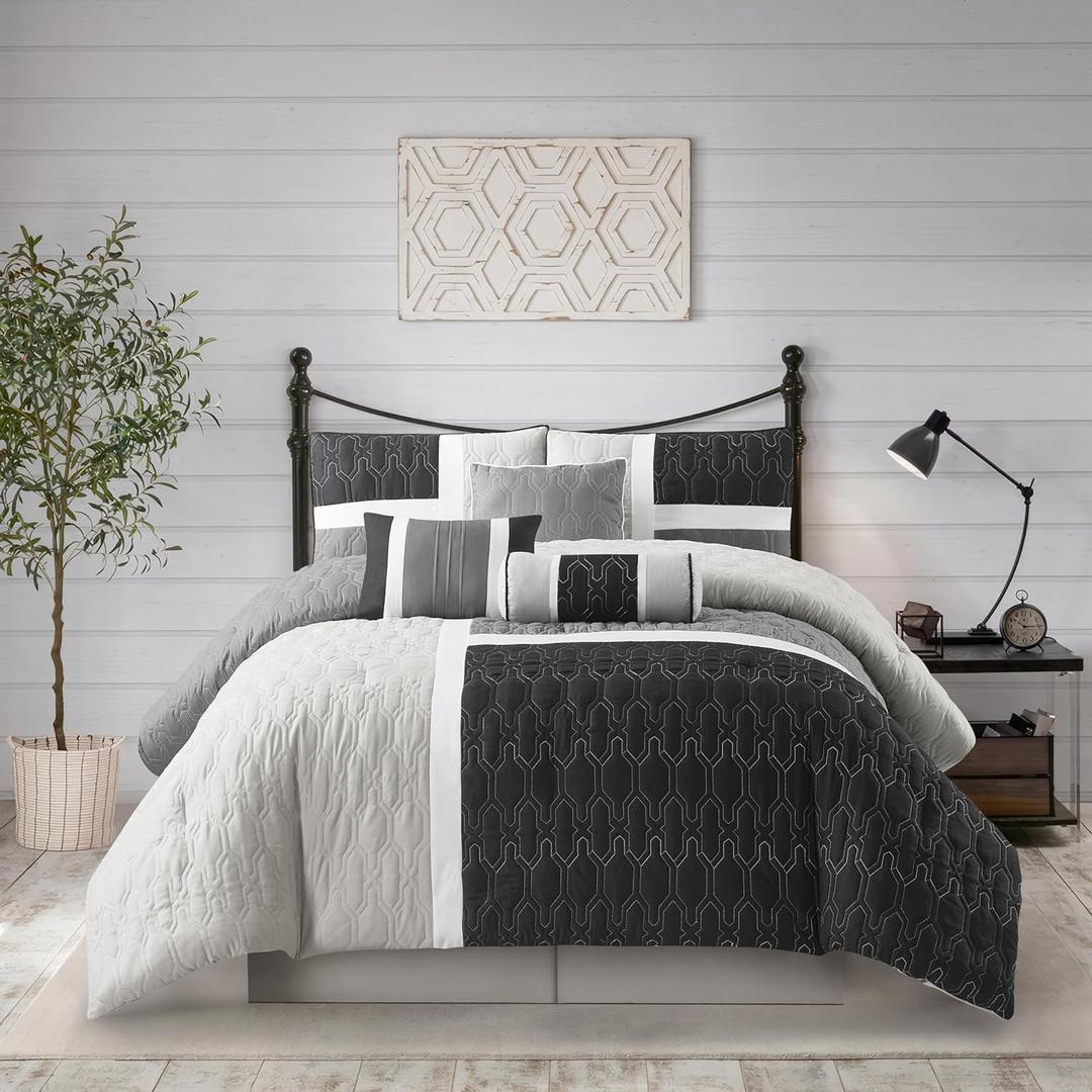 Stratford Park Black and Grey California King Comforter Set, Ultra Soft Microfiber Bedroom 7 Pieces Geometric Comforter Set, Matching Shams, Bedskirt, Decorative Pillows