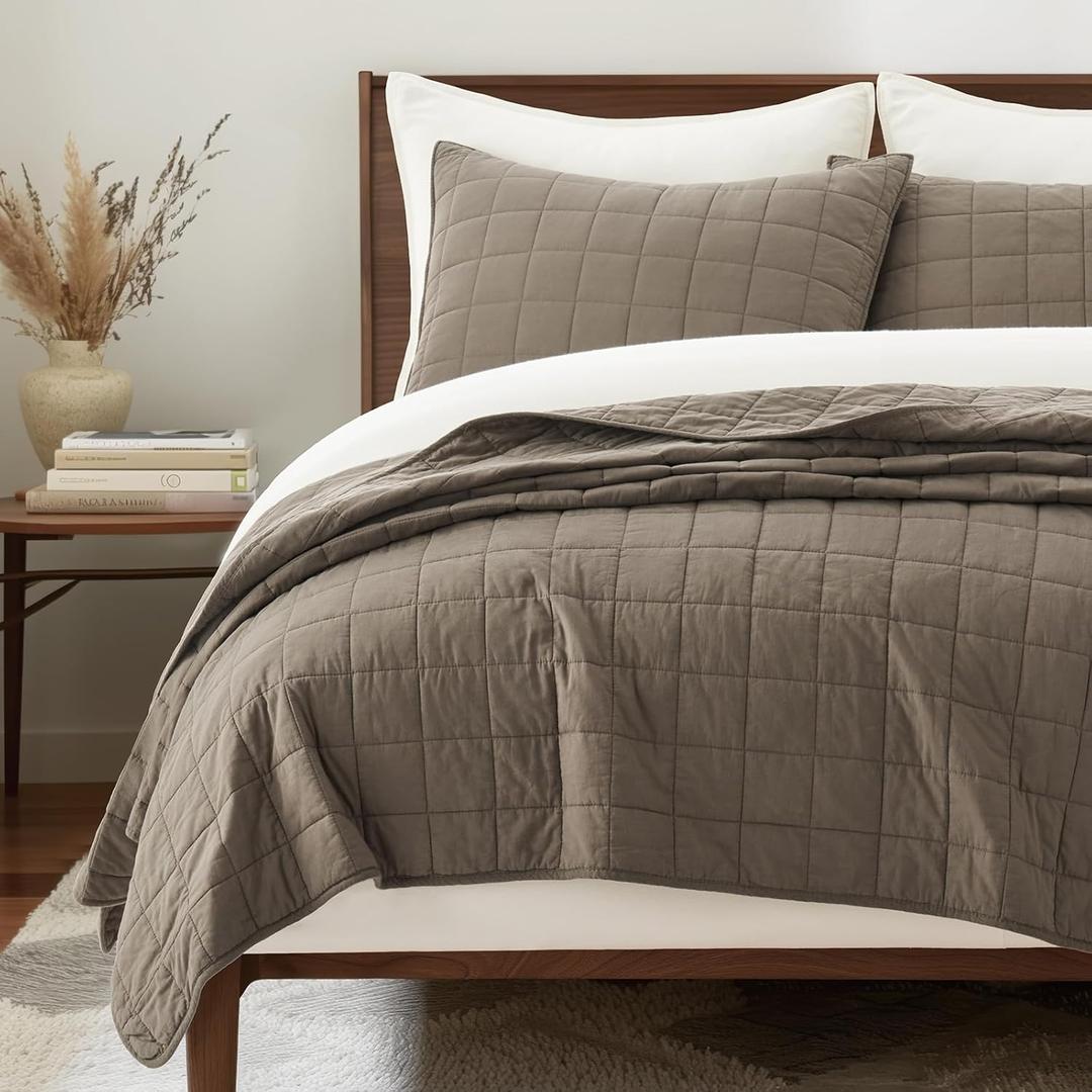 EVERGRACEHOME 100% Cotton Box Stitch Quilt Bedding Set King Size 3 Pieces, Garment-Washed Lightweight Soft Cozy Coverlet, Oversized Quilted Bedspread Sets with 2 Shams for All Season, Mocha Brown | Box Stitch Design, 100% Cotton, Soft, Oversized, Pre Washed, Oeko-Tex Certified
