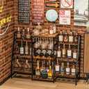 Versatile Bar Stand with Glass Holder, Wine Rack Freestanding Floor, Liquor Cabinet for Liquor Whiskey Wine, 6-Tier Stepped Bar Cabinet with Fences, Vintage BrownPatent Pending (Large)