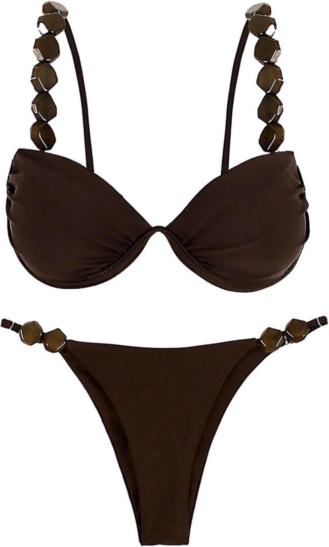 GORGLITTER Women's String Thong Bikini Set High Cut Push Up Triangle Sexy Beaded Swimsuits Bathing Suits (Brown, L)