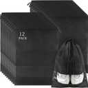 12 Pack Large Shoe Bags for Packing with Clear Window, Dustproof Drawstring Travel Shoe Storage Bags for Men & Women, Black