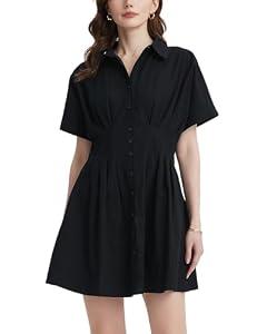 YEXPINE Women's Button Down Pleated Shirt Dress Short Sleeve Corset Waist Striped Summer Causal Mini Dresses, Black, Medium
