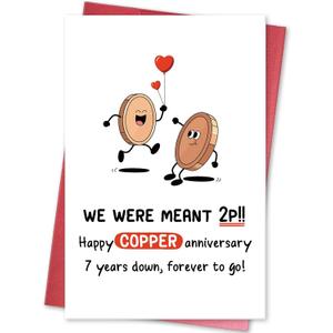 4 x Funny 7th Anniversary Card, Happy Copper Anniversary Card for Husband Wife, Happy Seven Years Anniversary, We were Meant 2p