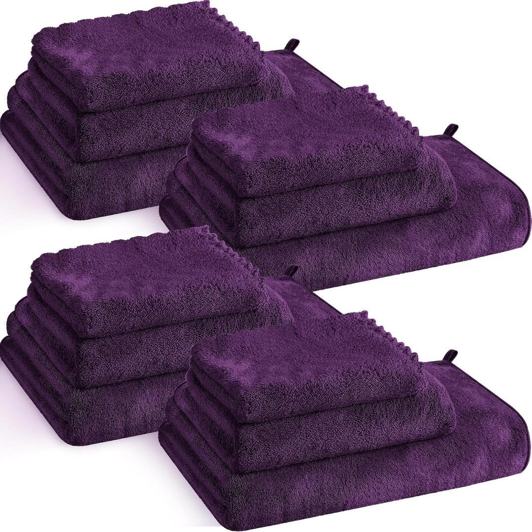Reginary Microfiber Bath Towels Set 4 Pack Soft Bath and 4 Pack Hand Towels 4 Pcs Washcloths Microfiber Coral Velvet Highly Absorbent Quick Dry Sets for Fitness Bathroom(Dark Purple)