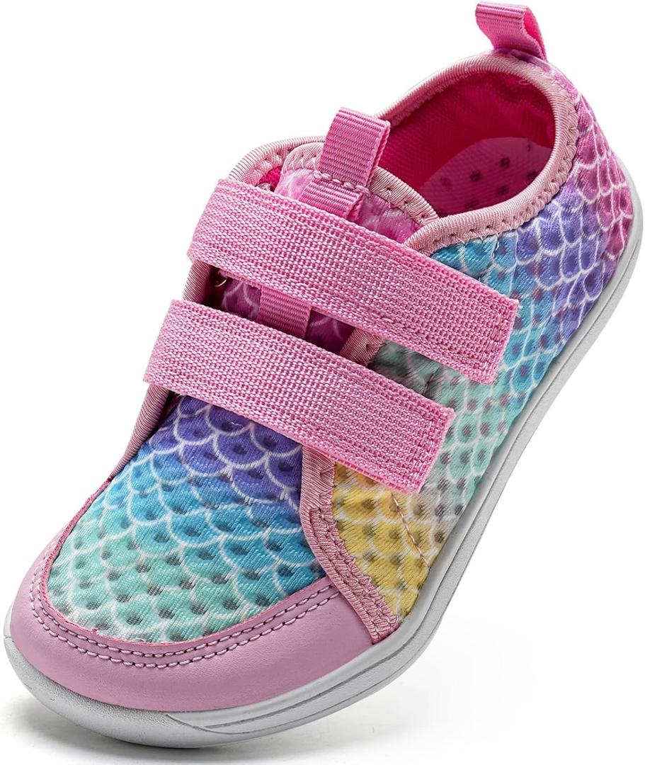 WateLves Wide Toddler Water Shoes Kids Barefoot Beach Swim Aqua Shoes Boys Girls Breathable Mesh Walking Hook and Loop Sneakers (Pink)