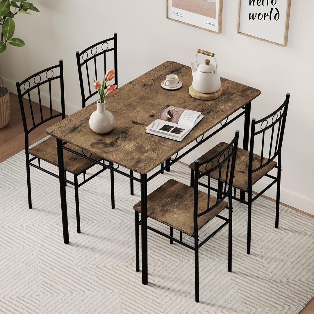 Vipbear 5-Piece Kitchen Table Set, Kitchen Dining Table Set for 4, Dining Room Table Sets with 4 Chairs, Rectangular Kitchen Table Set for Small Space, Dinette, Apartment, Classic Brown