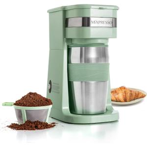 Mixpresso Green Personal Single Serve Coffee Maker with 14oz Travel Mug, Drip Small Coffee Maker with Auto Shut Off, Reusable Filter, Works with Ground Coffee Only  Not for K-Cup Pods