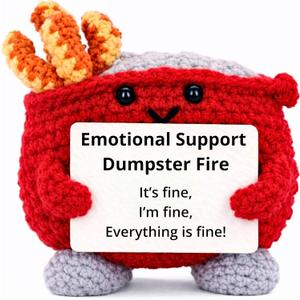 Emotional Support Dumpster Fire Crochet, Handmade Positive Support Gift. Counselor, Teacher, Manager, Co worker Office Desk Decor. Friends and Family. Funny Stress Relief Gag Gift. (Red)