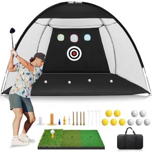 Golf Net: 10x7ft Golf Practice Net for Backyard Driving - All in 1 Golf Hitting Aid with Tri-Turf Mat Golf Net for Indoor Chipping Swing Training with Target/Balls/Tee/Bag