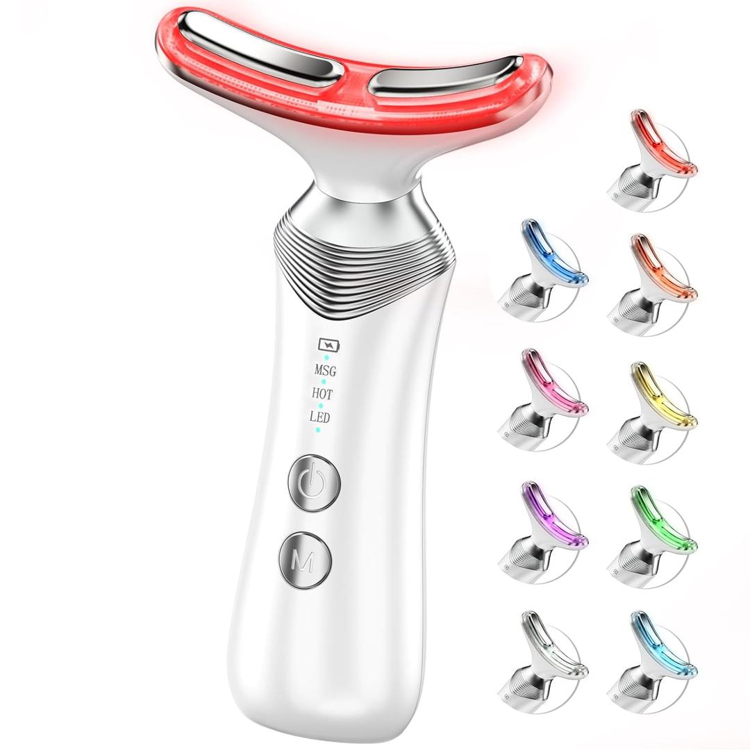 9-in-1 Red-Light-Therapy-for-Face-and-Neck, Portable Facial Massager Tool with Adjustable Vibration & Thermals for Wrinkles, Double Chin, White