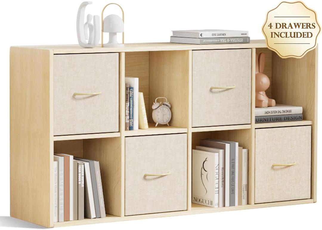 8 Cube Storage Organizer - Solid Wood Bookshelf with 4 Storage Bins, Cube Shelf with 2 Removable Back Panels, Vertical or Horizontal Bookcase, Open Book Shelf for Bedroom, Living Room, Office