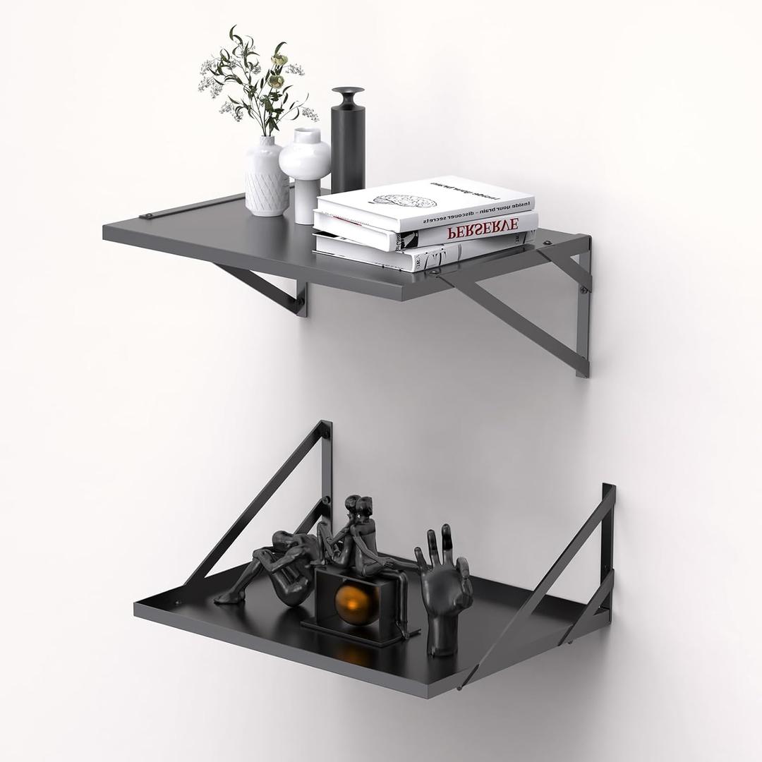 Black Deep Floating Shelves for Wall, 16W x 12D Metal Floating Shelves Set of 2, Wide Floating Bookshelves for Living Room, Kitchen, Office, Bedroom and Decor Storage