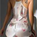 SOLY HUX Women's Satin Pajama Set Floral Loungewear Lace Camisole Top and Shorts Pjs Sleepwear (White, L)