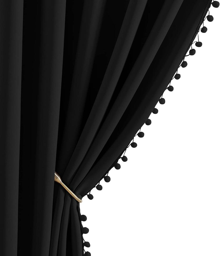 NICETOWN 2 Panels Blackout Curtains, Rod Pocket Jet Black Pom-poms Curtain Drapes, Thermal Insulated Bohemian Style Drapes for Playroom, Kitchen, Nursery Room, 42 inches Wide by 63 inches Long