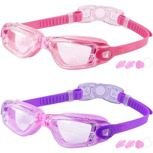 COOLOO Kids Swim Goggles, 2 Packs Swimming Goggles for Kids Girls Boys and Child Age 4-16 (01.purple/Clear Lens&light Pink/Clear Lens)