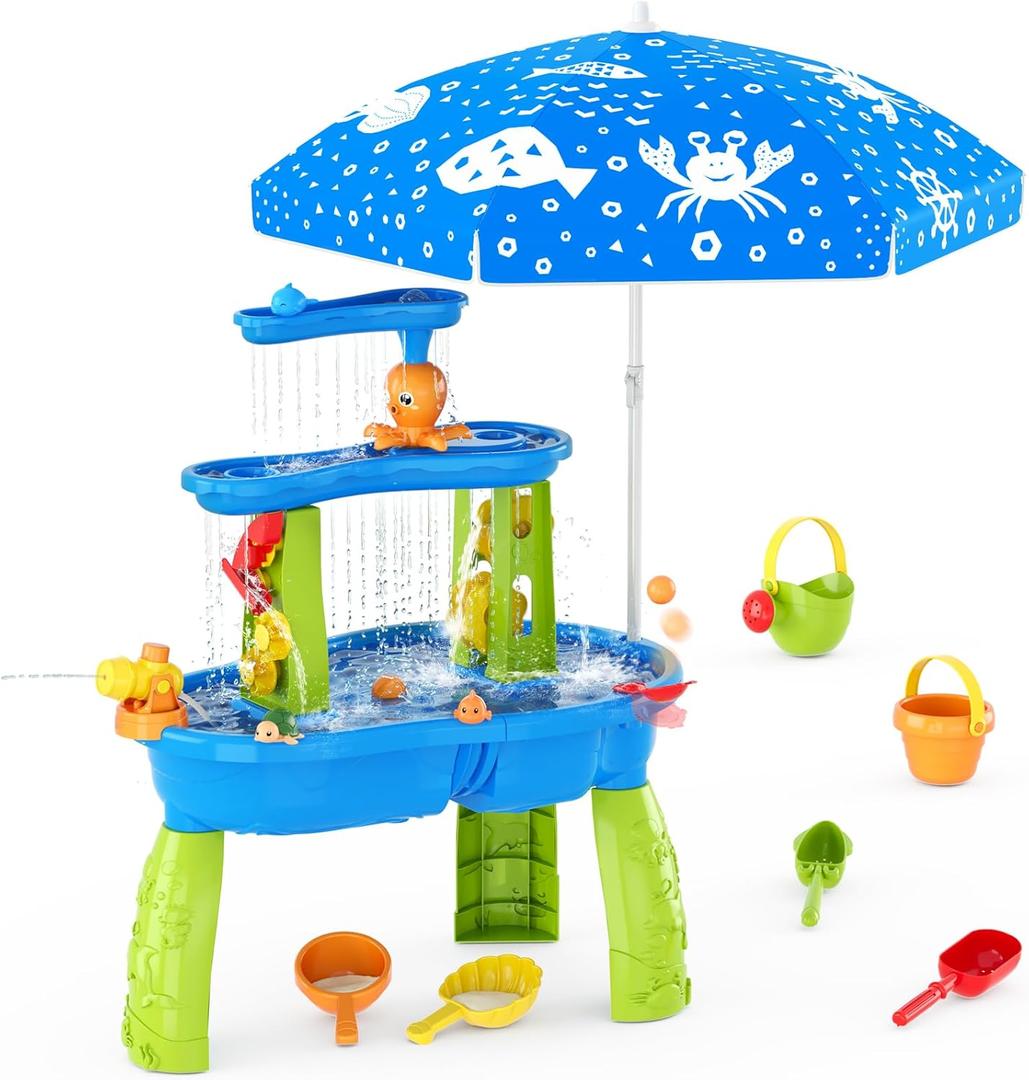 HYES Water Table for Toddlers 3-5, 3-Tier Kids Splash Sand Table Water Toys with Umbrella, Rain Showers Splash Pond for Outdoor Beach Backyard Summer, Activity Sensory Playset for Boys Girls, Blue