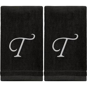 Monogrammed Towels Fingertip, Personalized Gift, 11 x 18 Inches - Set of 2 White Embroidered Towel - Extra Absorbent 100% Cotton - Soft Velour Finish - For Bathroom/ Kitchen/ Spa - Initial T (Black)