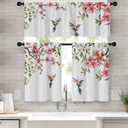 Flower Bird Kitchen Window Curtains Valance and Tier Set 36 Inch, Spring Hummingbird Watercolor Pink Botanical Rod Pocket Short Tier Curtain, Floral Small Cafe Drapes for Kitchen Decor