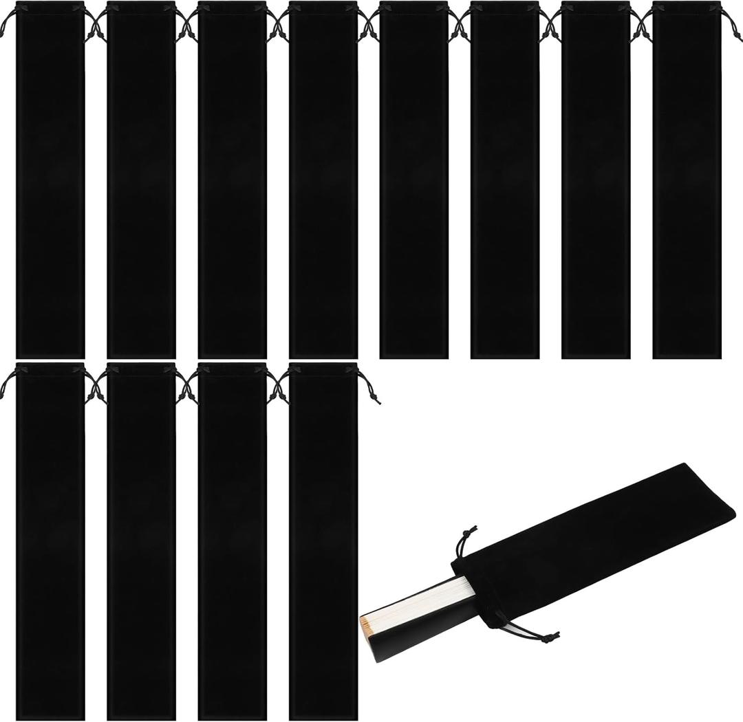 Windyun Folding Hand Fan Bags Long Velvet Bags with Drawstrings Black Hand Fan Pouch Gift Wrap Protector Clack Sleeves Holder for Line Dancing Wedding Travel Party Favors(12 Pcs,9.65 x 3.15 Inch)