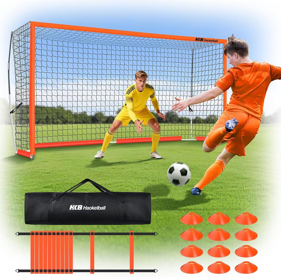 Haokelball Portable Soccer Goal for Backyard, 12x6 FT Soccer Net with Metal Post for Adult Youth Practice, Outdoor Training Equipment with Agility Ladder, Cones, Ground Stakes and Carry Bag