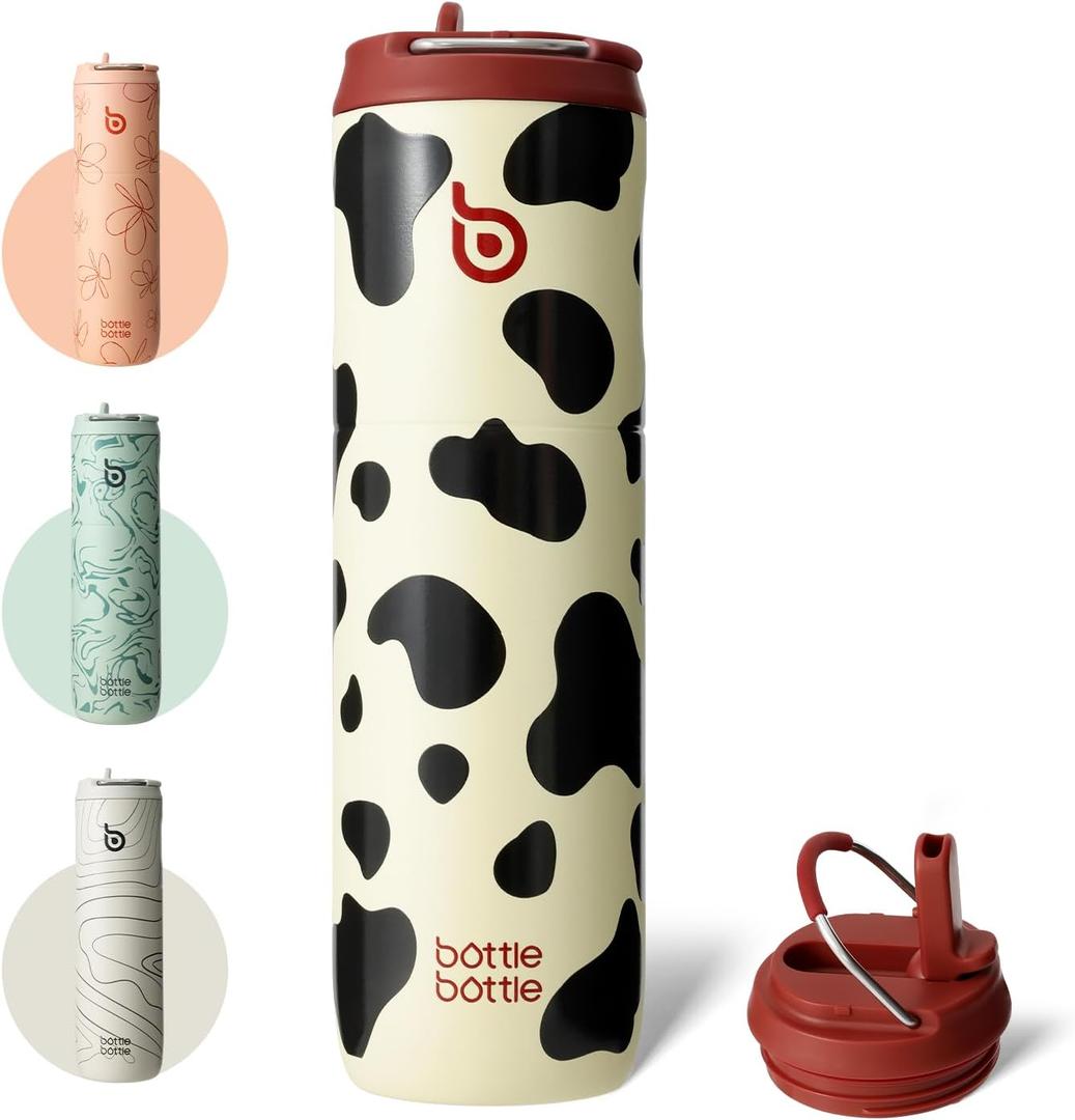 BOTTLE BOTTLE Insulated Water Bottle 24oz with Straw Lid and Handle for Sports Travel Gym Stainless Steel Water Bottles Double-Wall Vacuum Metal Leak Proof BPA-Free (Cow)