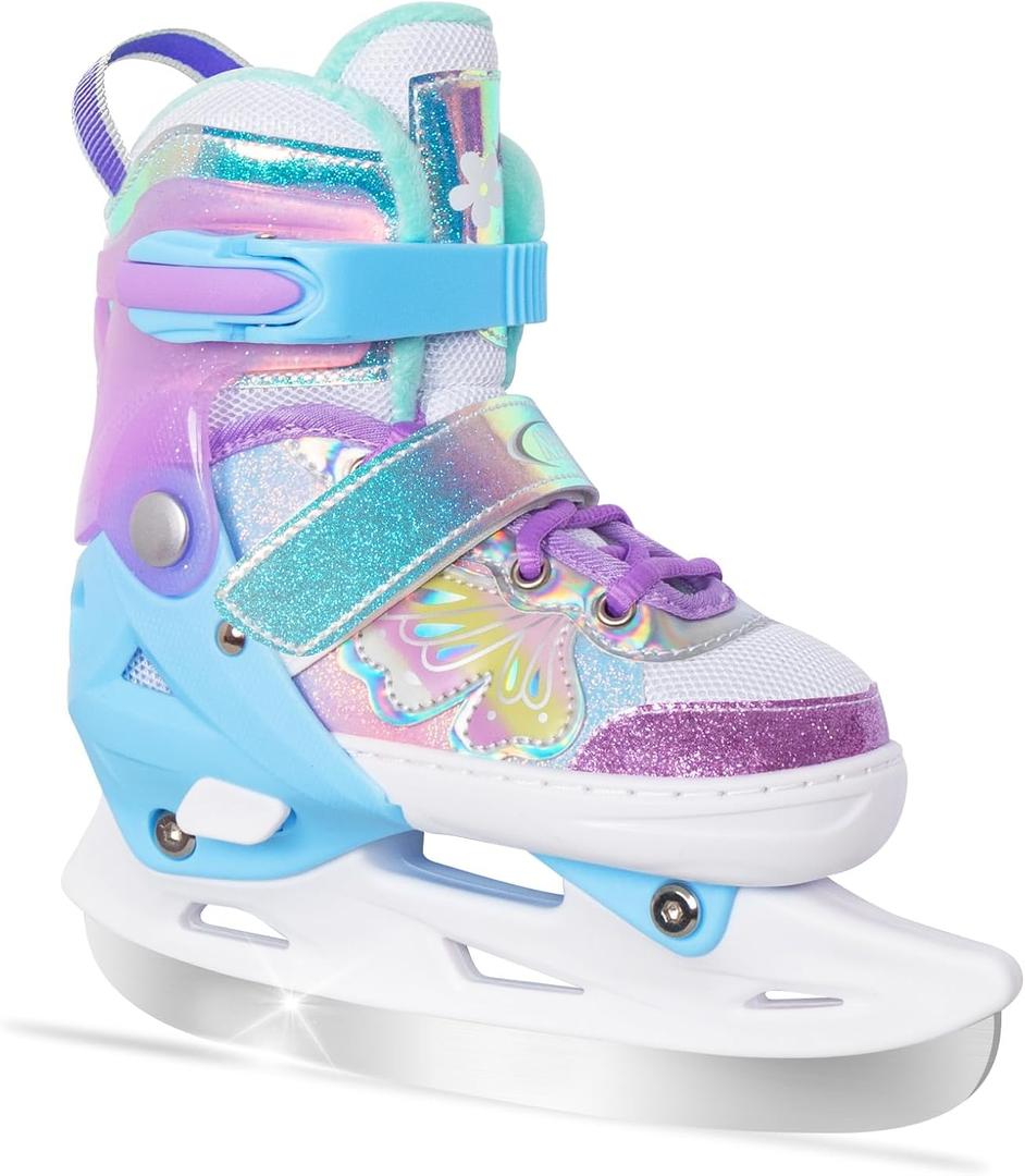 Nattork Girls Ice Skates for Kids 4 Size Adjustable Butterfly Ice Skate with Fleece Lining for Outdoor & Rink (Small(10C-13C))