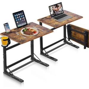 Folding TV Tray Table Heavy Duty Sturdy C Shaped End Table for Couch with Cup Holder, Extra Stable TV Dinner Tray, Sofa Side Laptop Desk for Living Room Bedroom No Assembly, Rustic Brown, 2pcs