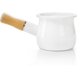 DEAYOU Enamel Milk Pot, 0.6 Quart Mini Butter Warmer Saucepan with Insulated Wooden Handle and Dual Pour Spout, Nonstick Small Soup Pot for Stove Top, Home, Kitchen, Cooking, Heating, Boiling, 18 Oz