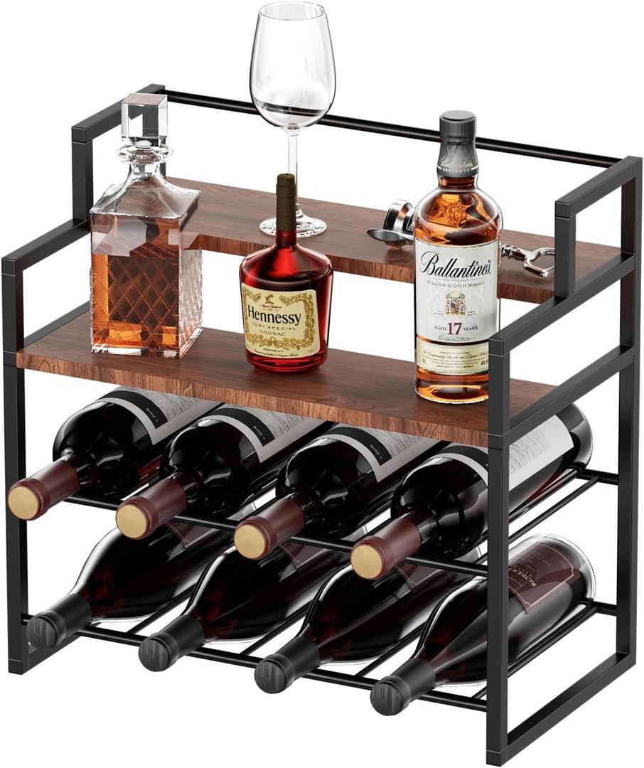 Wine Rack, Sturdy and Durable Countertop Wine Rack with Smooth Wood & Matte Black Iron, Multi-Purpose Wine Holder for Cabinet, Bar, Dining Room, Home Decor and Party Display, 16 inches x 9.5 inches x 15.8 inches
