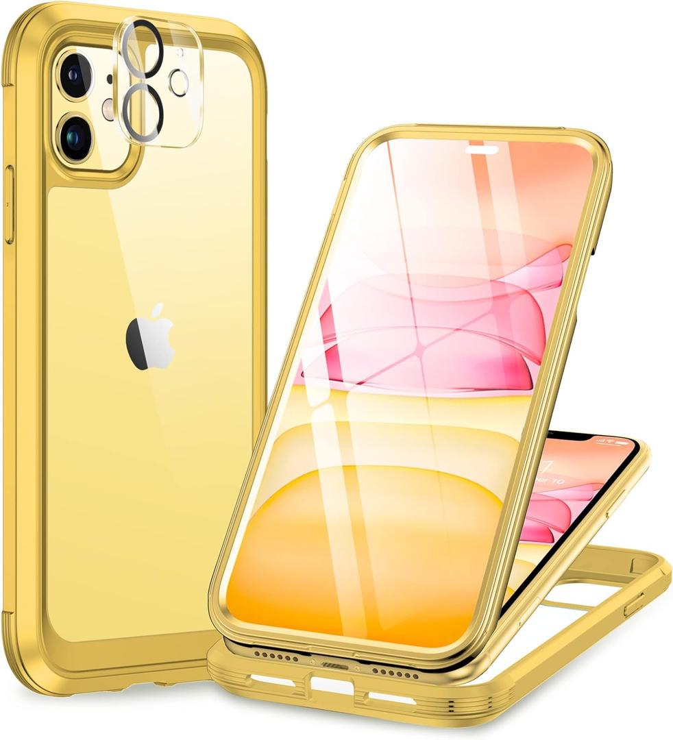 Miracase Glass Series for iPhone 11 Case 6.1 inch, Upgraded Full-Body Rugged Phone Bumper Case Cover with Built-in 9H Tempered Glass Screen Protector and Camera Protector, Yellow