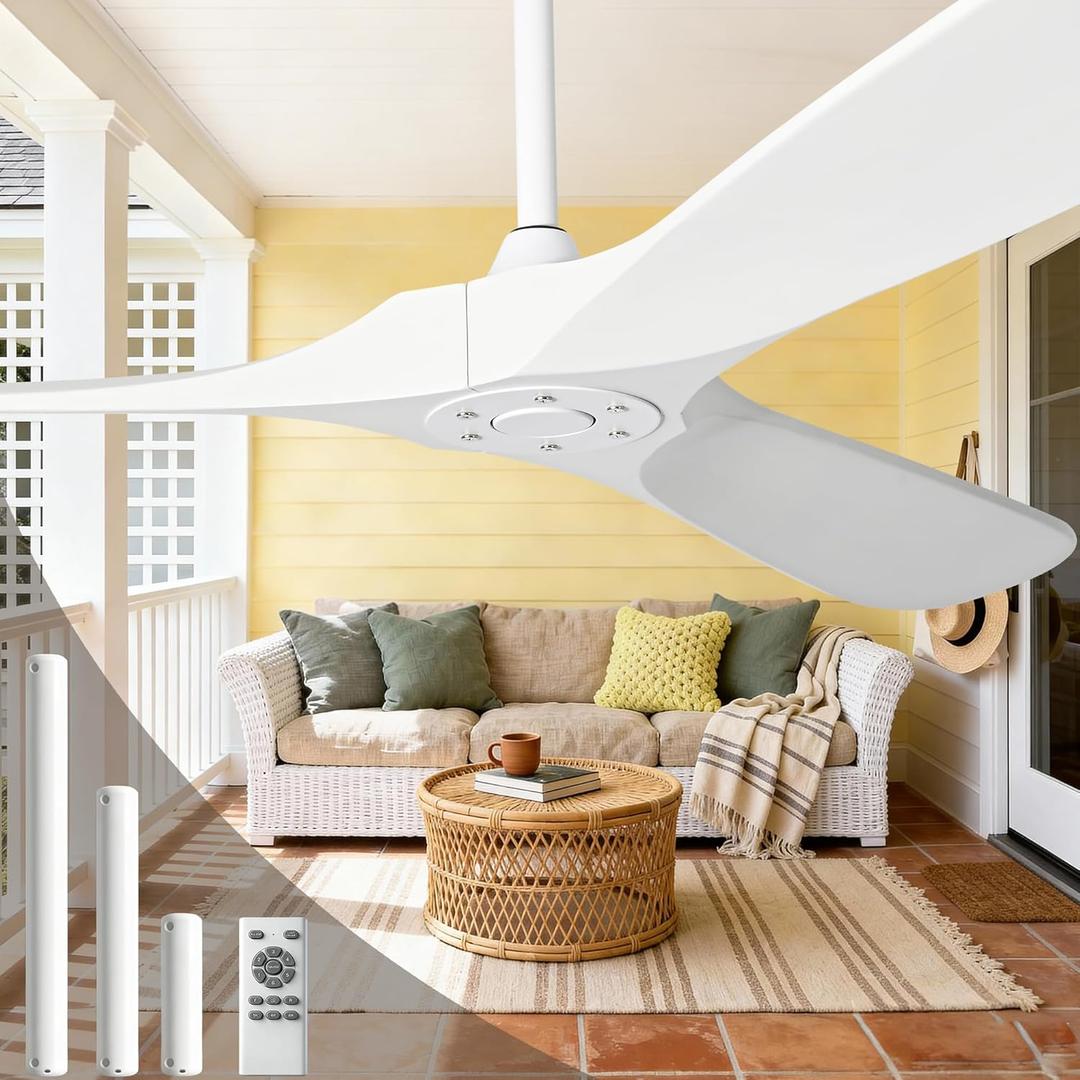 52 Inch White Ceiling Fan No Light, 3 Blade Wood Outdoor Ceiling Fans for Patios Gazebo Porch Living Room, Reversible Modern Wet Rated Indoor Ceiling Fan without Lights with Remote