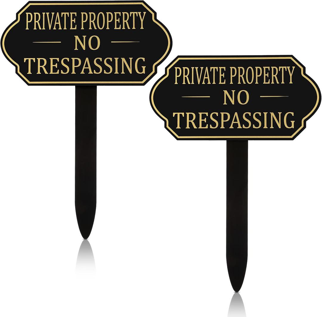 Amyhill Private Property No Trespassing Sign with Stake, 7.09 x 3.54 Inches Self Adhesive Modern Design Garden Statement Plaque Warning for Garden Indoor Outdoor Use(2 Set)