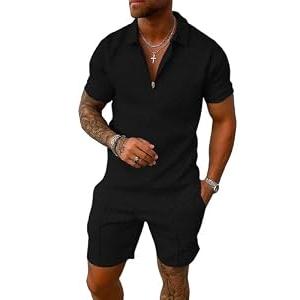 Short Sets for Men 2 Piece Lounge Set Solid Zipper Shirt and Stretch Shorts, Black, XL