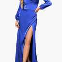 Women's Long Sleeve Bridesmaid Dresses with Slit Pleated Corset Satin Formal Evening Dress Size 12 Blue