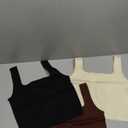 OLCHEE Womens 3 Pack Crop Tank Tops Basic Seamless Ribbed Sleeveless Square Neck Workout Top Summer Exercise Yoga Gym Shirts (Medium, Black + Brown + Beige)