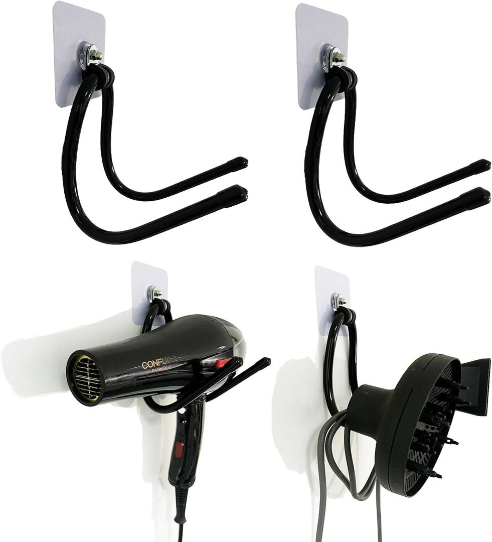 Universal Hair Dryer Holder, Blow Dryer Hanger Hook Wall Mount for Hair Dryer, Towels, Flat Iron,Hair Straightener &Cord Organizer for Cabinet Bathroom - Self Adhesive/Drilling - 2 Pack