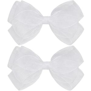 Large Big 6 Inch Organza Double Hair Bow Clip Party Alligator Mesh Hair Accessories for Women Teens Girls Kids 2 Pcs (White)