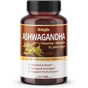 SOTALIX Supplement Ashwagandha All-in-1 Advanced Formula with L-Theanine, Rhodiola, St. John's Wort for Unwind & Relax & Strength (150 Count (Pack of 1))
