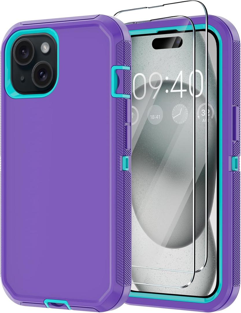 Annymall for iPhone 15 Case with 2 Screen Protector,Shockproof Drop Protection Full Body Heavy Duty 3-Layer Military Rugged Durable Phone Cover for Apple iPhone 15 6.1" (Purple)