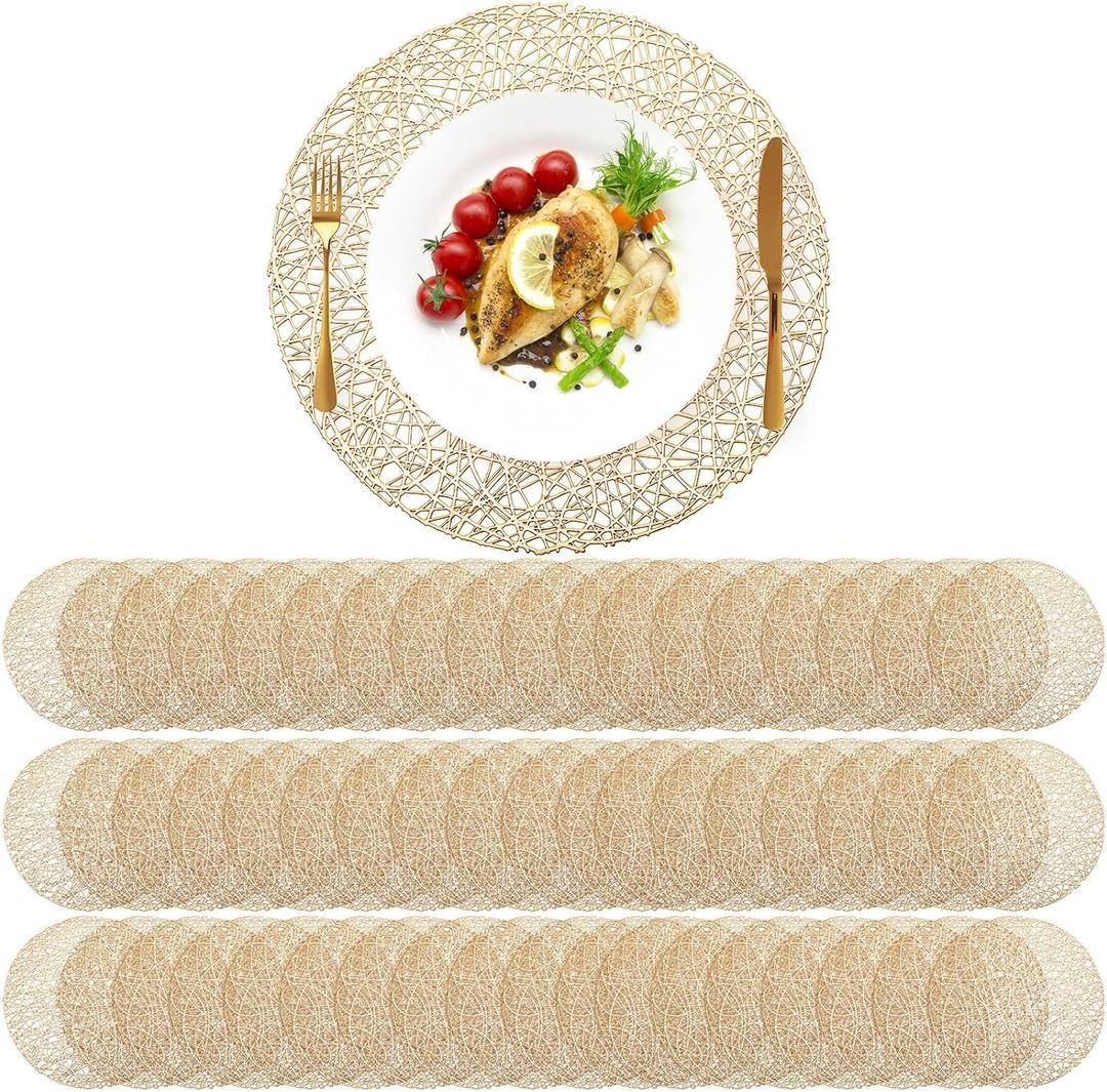 Sieral 60 Packs Gold Round Placemats 15 Inch Hollow Out Pressed Vinyl Place Mats Heat Resistant Woven Gold Placemats for Christmas Dinner Table Winter Holiday Party Wedding Centerpiece Decoration