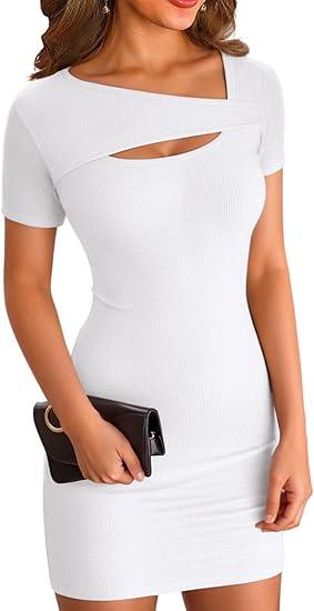 VICHYIE Womens Summer Dresses Cutout One Piece Ribbed Bodycon Mini Short Sleeve Casual Slim Fitted Pencil Dresses (White, Small)