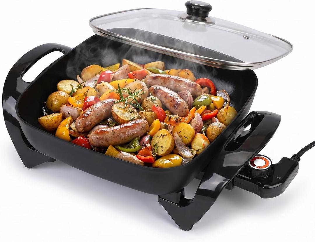 12" Ceramic Nonstick Electric Skillet with Tempered Vented Glass Lid, Scratch-Resistant Surface, Cool-Touch Handles, Removable Easy-to-Clean Design, 1200W, Sleek Black