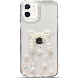 Tuokiou for iPhone 11 Clear Case Cute 3D Pearl Bowknots with Design Aesthetic Women Phone Case, Transparent Bling Glitter Sparkle Star Shiny Case Shockproof Soft TPU Bumper Cover (Big Bow, iPhone 11)